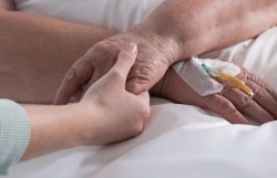 Panorama of female holding cancer patient hand